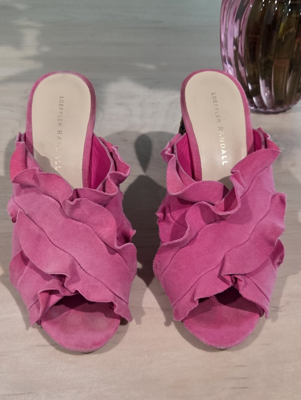 Loeffler Randall Pink Ruffle Suede Slide Sandals